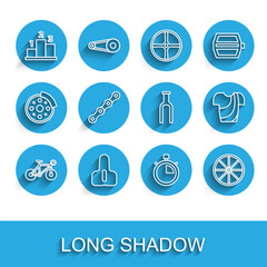 Set line Bicycle, seat, Award over sports winner podium, Stopwatch, wheel, chain, Cycling t-shirt and fork icon. Vector