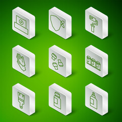 Set line Paint, gouache, jar, dye, Spray can nozzle cap, Marker pen attachment, Rubber gloves, Vandal, brush and spray icon. Vector