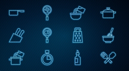 Set line Crossed fork and spoon, Kitchen whisk with bowl, Saucepan, Fried eggs frying, Knife, Grater and Frying icon. Vector