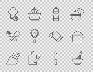 Set line Knife, Kitchen whisk with bowl, Pepper, Cutting board and knife, Chef hat, Frying pan, and Cooking pot icon. Vector