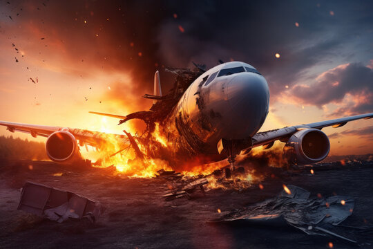 Burnt plane amidst sunset, depicting dramatic plane crash - a poignant scene of tragic accident.