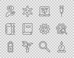 Set line Battery, Force of physic formula, Chemical, Plant breeding, Atom, Science book, Magnifying glass and Microorganisms under magnifier icon. Vector