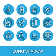 Set line Virus, Magnifying glass, Test tube with toxic liquid, Experimental mouse, Genetic engineering, Telescope, Data visualisation and Height geometrical figure icon. Vector