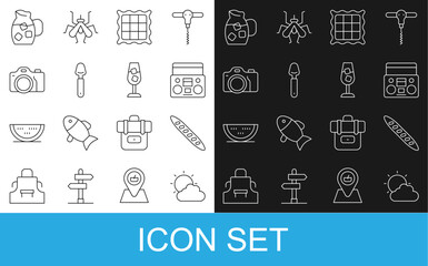 Set line Sun and cloud weather, French baguette bread, Home stereo with two speakers, Checkered napkin, Spoon, Photo camera, Jug glass water and Wine icon. Vector