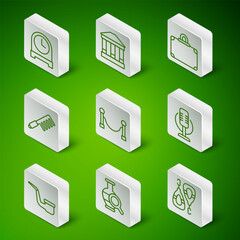 Set line Earrings, Ancient amphorae, Antique clock, Rope barrier, Hairbrush, Museum building, Smoking pipe and Microphone icon. Vector