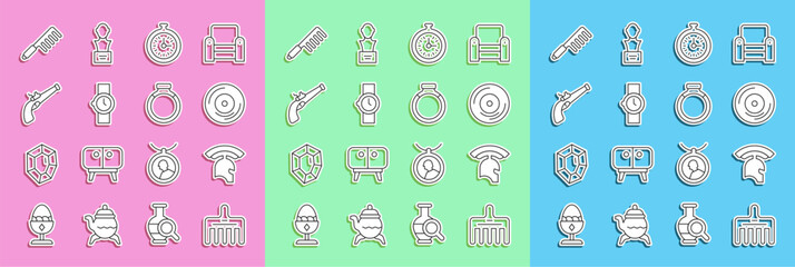 Set line Hairbrush, Roman army helmet, Vinyl disk, Pocket watch, Wrist, Vintage pistol, and Gold ring icon. Vector