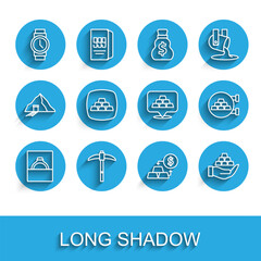 Set line Diamond engagement ring in box, Pickaxe, Wrist watch, Gold exchange money, bars hand, Jewelry store and icon. Vector