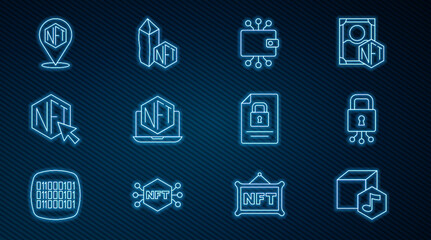 Set line NFT Digital crypto art, Cyber security, Cryptocurrency wallet, Laptop with store app, Document and lock and icon. Vector