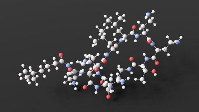 colistin molecule, molecular structure, antibiotic, ball and stick 3d model, structural chemical formula with colored atoms