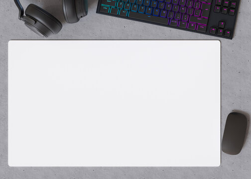 Blank and white, xxl computer mouse pad on the desk at home. Mousepad mockup. Copy space for your picture or text. Empty, big, rectangular mouse mat ready for your design. Mock up, template. 3D render