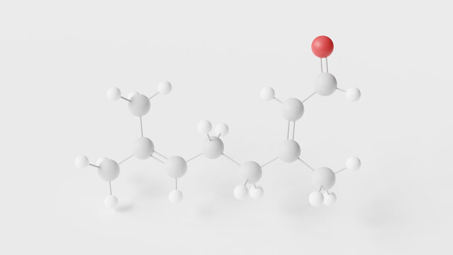 citral molecule 3d, molecular structure, ball and stick model, structural chemical formula acyclic monoterpene aldehyde