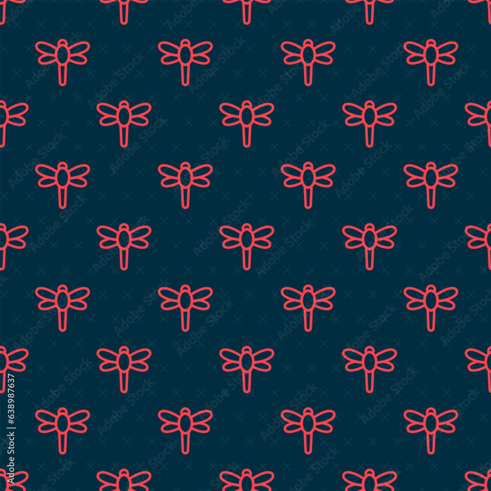 Poster red line dragonfly icon isolated seamless pattern on black background. vector