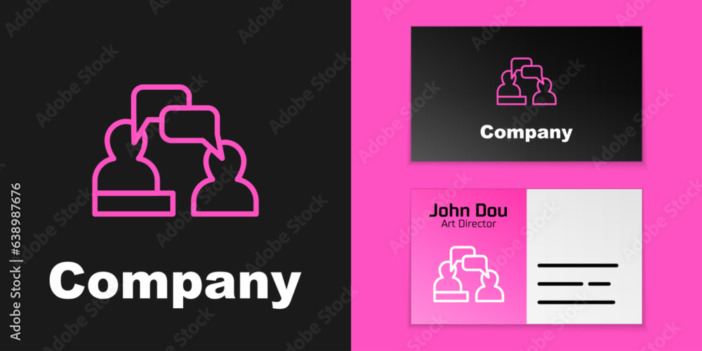 Poster pink line two sitting men talking icon isolated on black background. speech bubble chat. message ico