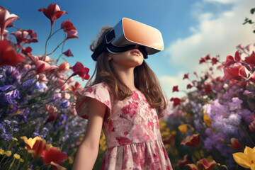 Enchanting Princess of Virtual Realms: Exploring Surreal VR Worlds Amid Colorful Flower Fields.