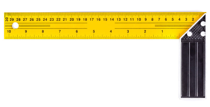 Yellow and black Metal construction square triangle ruler isolated on white