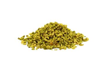 Ground, milled, crushed or granulated pistachio pile isolated on white background