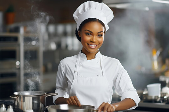 African american chef woman preparing food in a professional kitchen. 