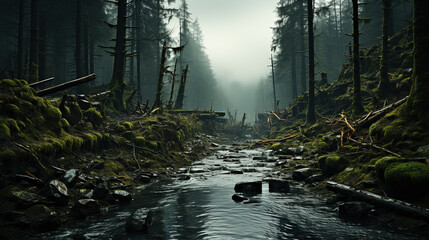 A Rainy and Misty Coniferous Forest with a Sideways Creek Spruces and Moss AI Generative