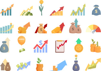 Profit icons set cartoon vector. Money invest. Trade income