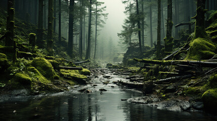 A Rainy and Misty Coniferous Forest with a Sideways Creek Spruces and Moss AI Generative
