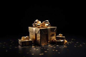 golden gift boxes with gold ribbons on a black background. Gift, New Year, Christmas, Black Friday