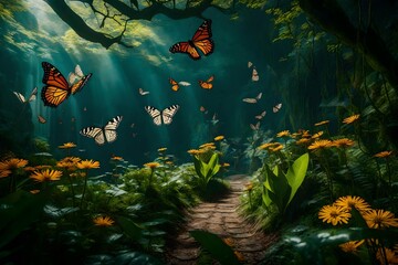 A butterfly sanctuary in a fantastical world, with oversized butterflies and ethereal landscape