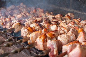 Traditional georgian mtsvadi, grill on the coals with smoke. Shashlik