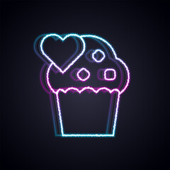 Glowing neon line Wedding cake with heart icon isolated on black background. Happy Valentines day. Vector