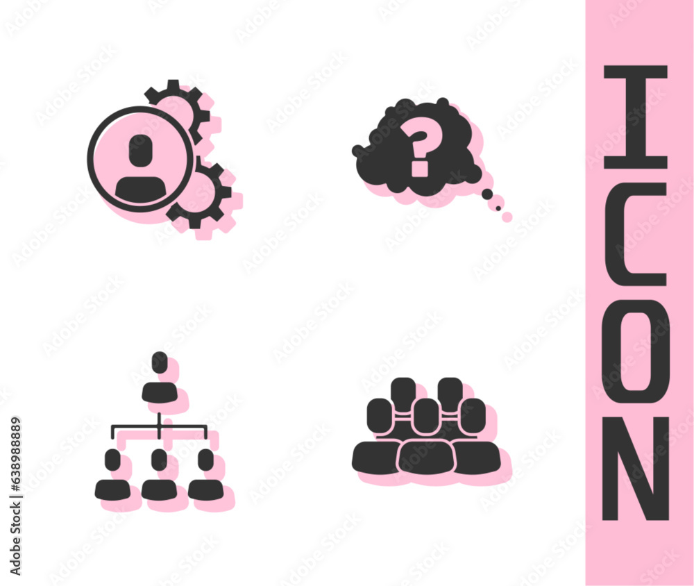 Poster set project team base, head hunting, hierarchy organogram chart and question mark icon. vector