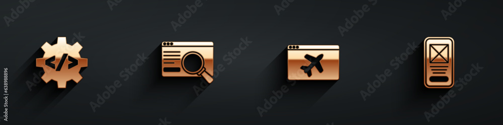 Poster set front end development, ui or ux design, website template and icon with long shadow. vector