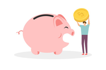 Flat design of rich man save money vector, a man&rsquo;s saving salary in piggy bank, flat design of financial management, Save money in piggy bank, money management vector, a man is investing for future.