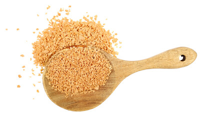 Soy flakes pile in wooden spoon isolated on white background, top view