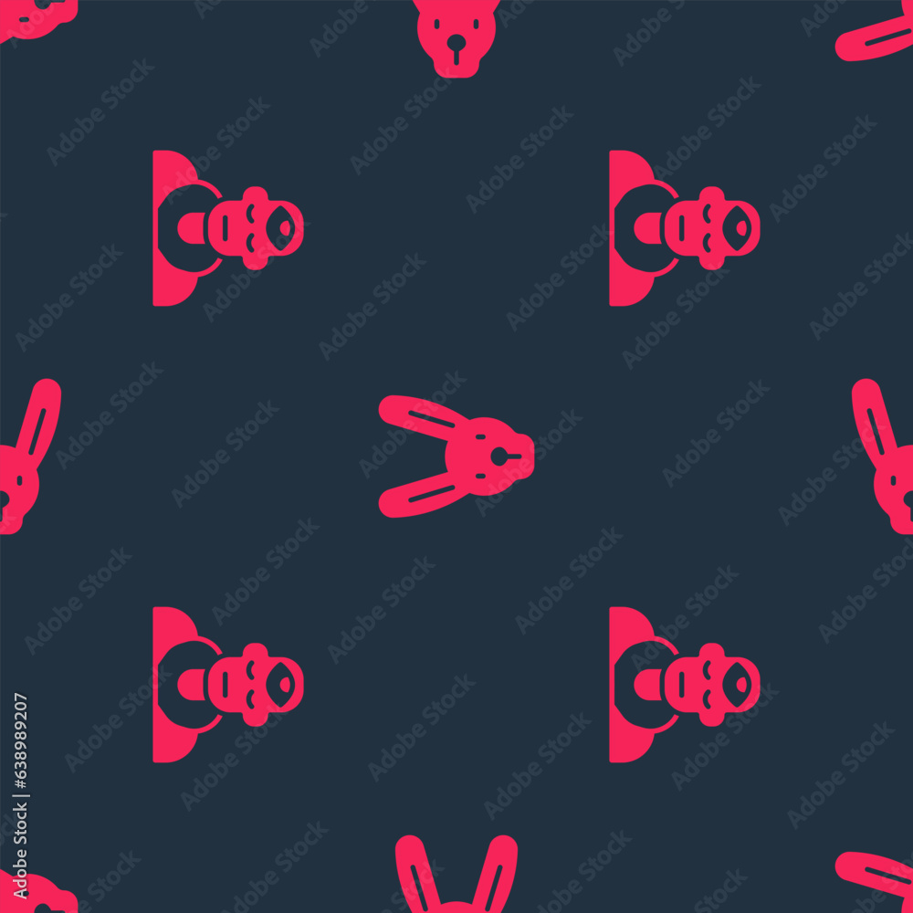 Poster set wizard warlock and rabbit with ears on seamless pattern. vector