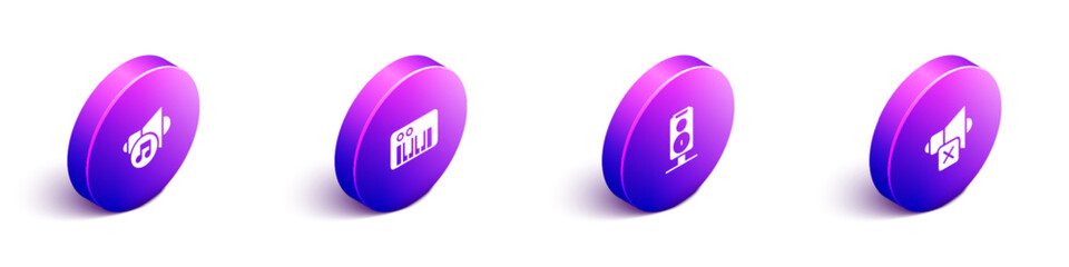 Set Isometric Speaker volume, Music synthesizer, Stereo speaker and mute icon. Vector