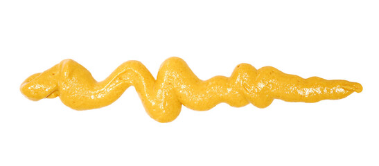 Yellow mustard sauce line, spread isolated on white, top view