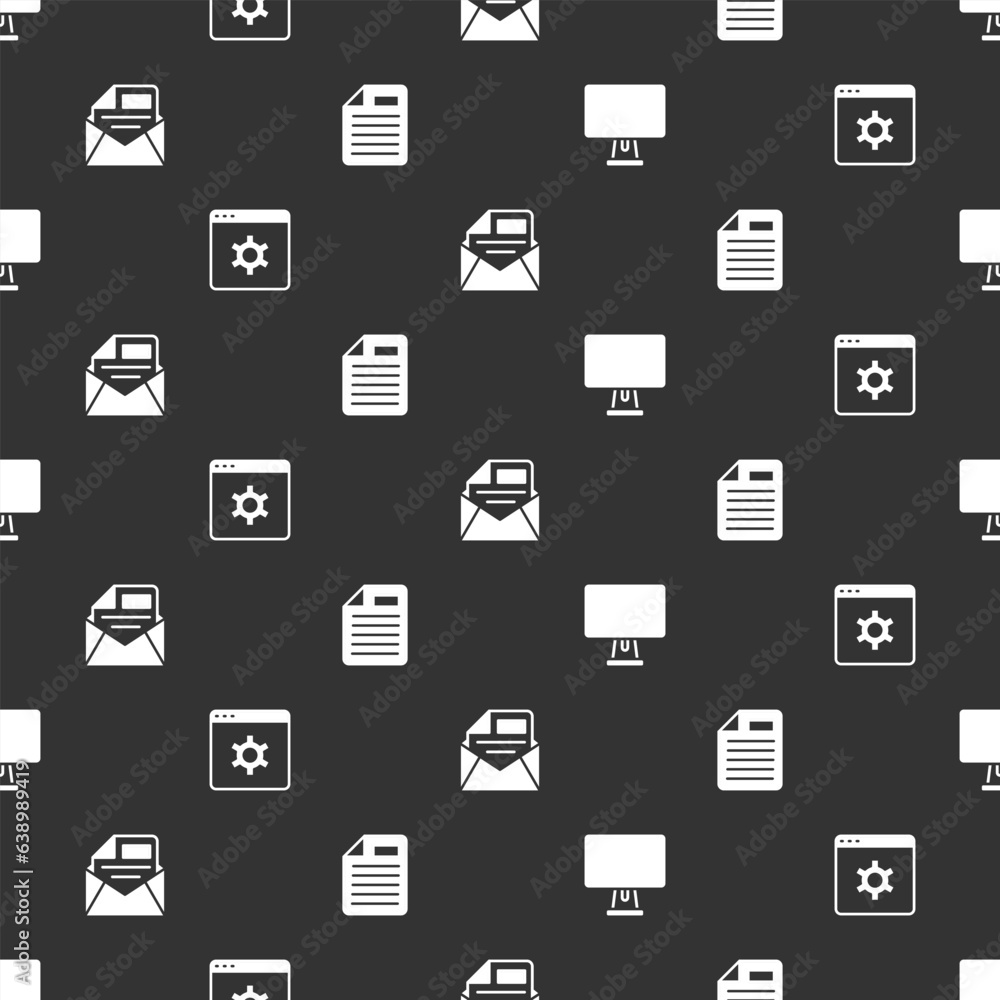 Poster set computer monitor, browser setting, mail and e-mail and file document on seamless pattern. vector