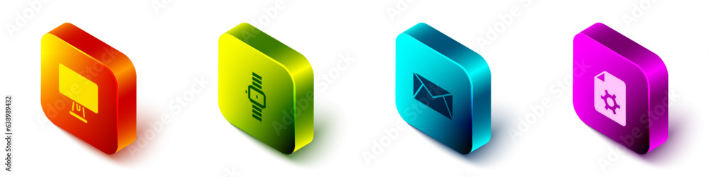 Aufkleber set isometric computer monitor, wrist watch, mail and e-mail and document settings icon. vector