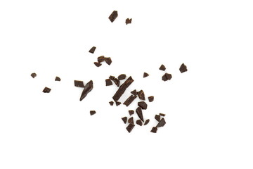 Chocolate sprinkles isolated on white background. Grated chocolate isolated on white background. - obrazy, fototapety, plakaty
