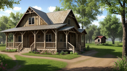 Fototapeta na wymiar Rustic concept background of the photorealistic outdoor exterior wooden house display
