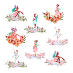 Composition of dancing ballerina with flowers. Hand drawn classic ballet performance, pose. Young pretty ballerina women illustration. Can be used for postcard and posters.