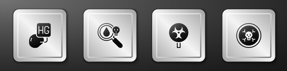 Set Drop of mercury, Poison magnifying glass, Biohazard symbol and Bones and skull icon. Silver square button. Vector