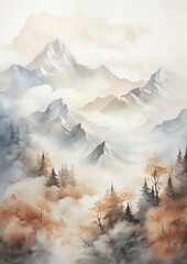 Misty Mountain Clouds, A Timeless Watercolor Illustration of Ethereal Dreamy Layers in Foggy Neutral Tones