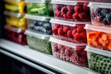 Frozen berries and healthy vegetables in plastic containers on the freezer shelves in refrigerator at home