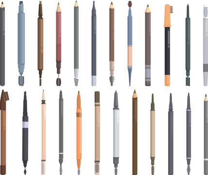 Brow Pencil icons set cartoon vector. Make spa. Cosmetic brush