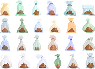 Poop Bags icons set cartoon vector. Nature pet. Poo dog