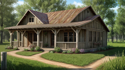 Fototapeta na wymiar Rustic concept background of the photorealistic outdoor exterior wooden house display