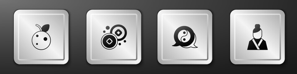 Set Peach fruit or nectarine, Chinese Yuan currency, Yin Yang symbol and Asian woman icon. Silver square button. Vector