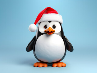 Fototapeta premium A penguin happily sports Santa outfits in a festive theme. Penguin experiencing Christmas joy. Christmas themed 3D penguin.