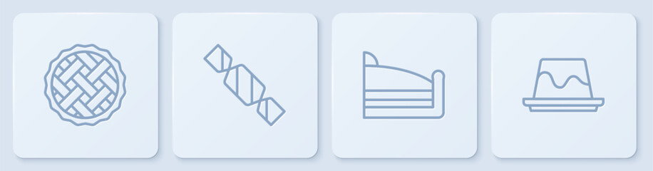Set line Homemade pie, Piece of cake, Candy and Pudding custard. White square button. Vector