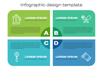 Set line Spatula, Electric kettle, Packet of pepper and Crossed fork and spoon. Business infographic template. Vector